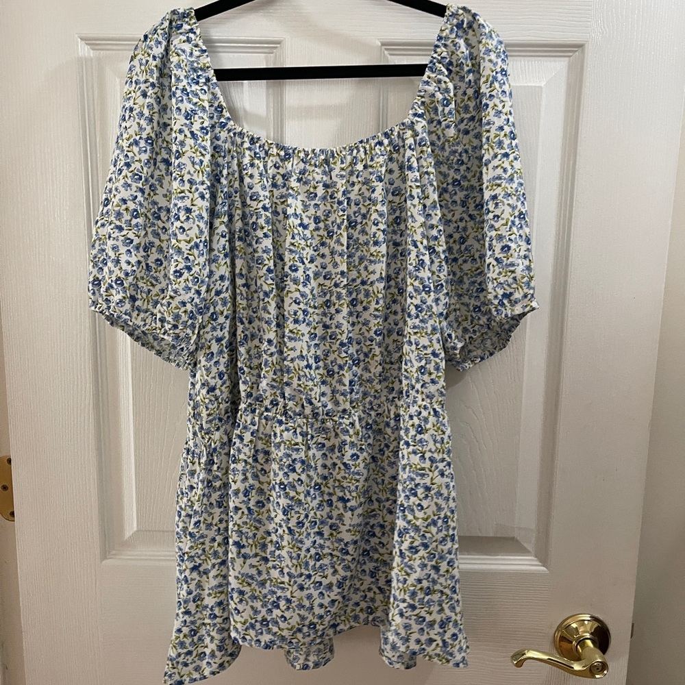 Blue flowery smock top, xl, polyester